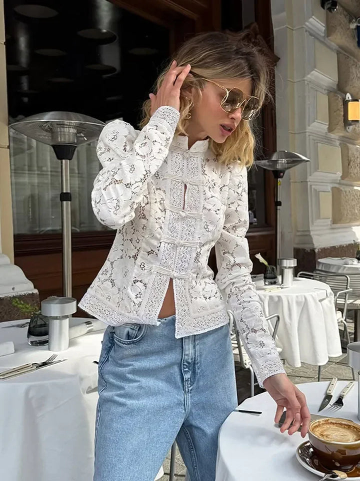 Chic Transparent Women's Lace Blouse with Stand-Up Collar