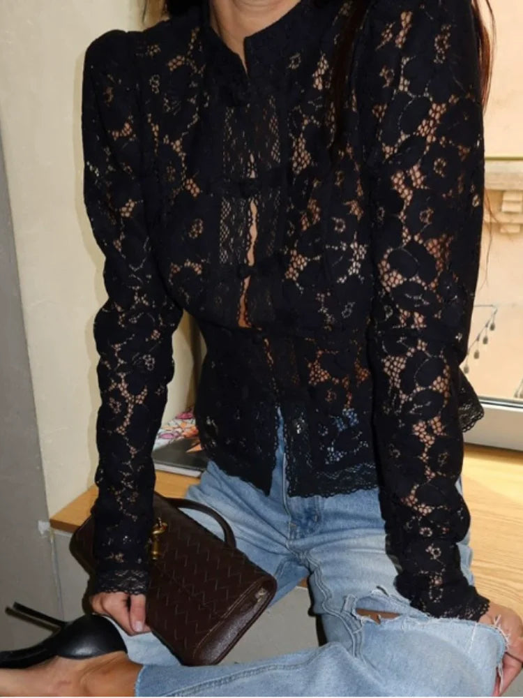 Chic Transparent Women's Lace Blouse with Stand-Up Collar