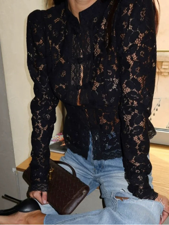 Chic Transparent Women's Lace Blouse with Stand-Up Collar