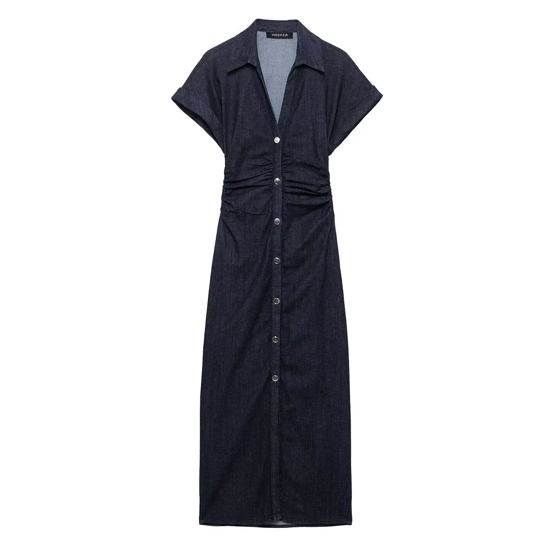 Victoria | Dark Blue Denim Dress - Midi