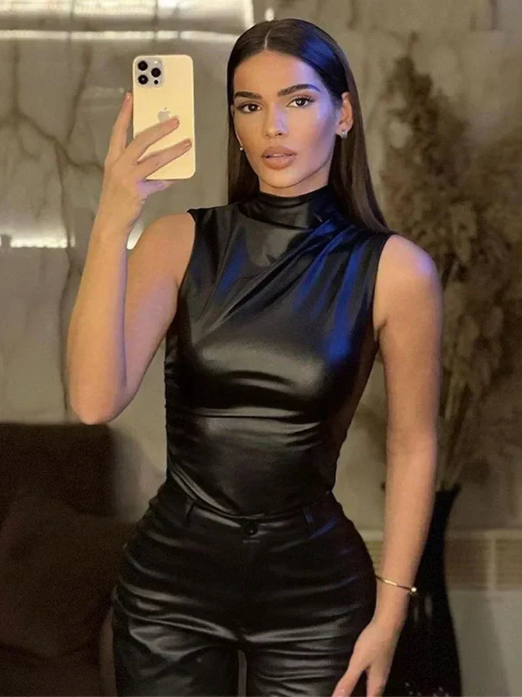Stylish Women's Leather Top with Sleeveless Design and Draped Neckline