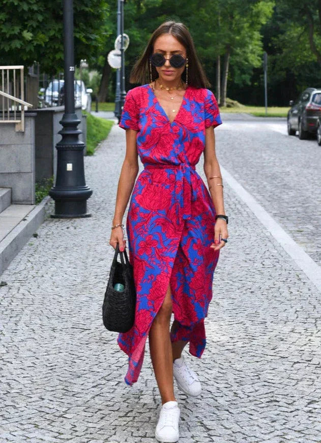 Lightweight Summer Midi Dress with V-Neck and Slit for Women