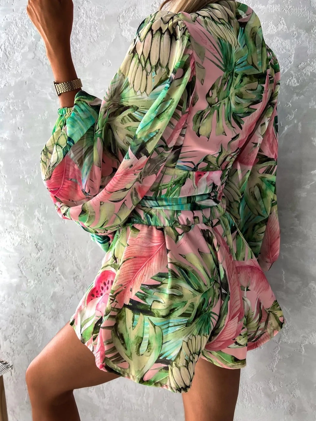 Trendy Playsuit with V Neck and Wide Sleeves for Women