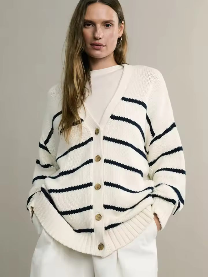 Trendy Oversized Women's Cardigan with Stripes and V-Neck