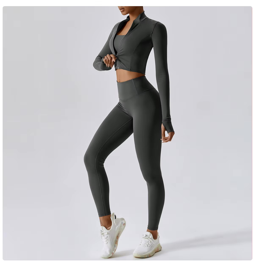 Fitness Tracksuit Women’s 3-Piece Sports Set with High Waist Leggings, Crop Top, and Jacket