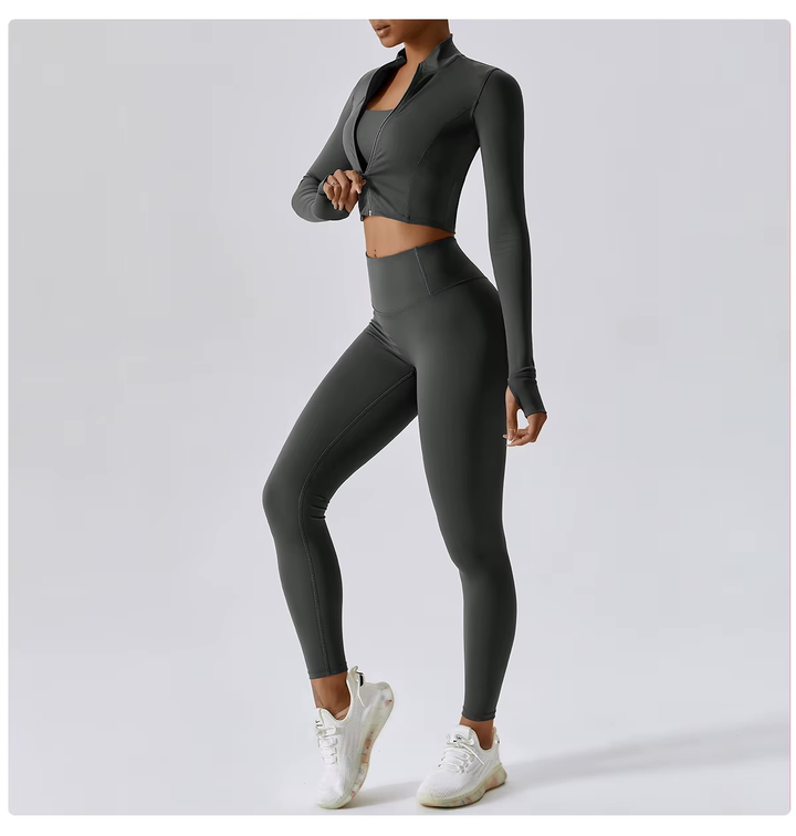 Fitness Tracksuit Women’s 3-Piece Sports Set with High Waist Leggings, Crop Top, and Jacket