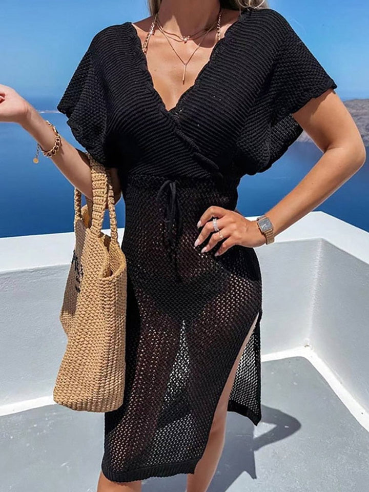 Summery Crocheted Women's Beach Dress with V Neck