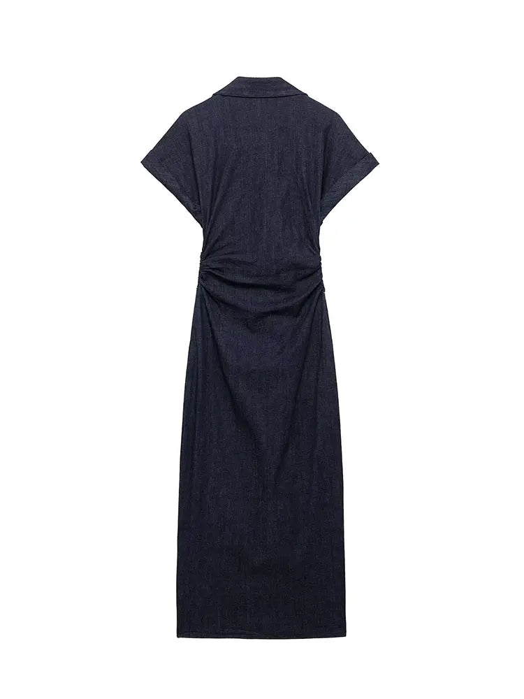 Victoria | Dark Blue Denim Dress - Midi