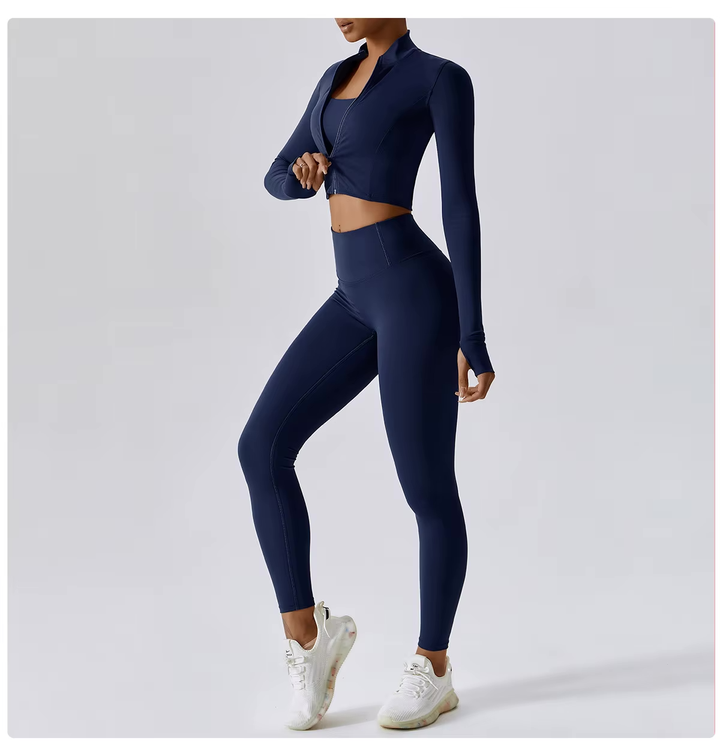 Fitness Tracksuit Women’s 3-Piece Sports Set with High Waist Leggings, Crop Top, and Jacket
