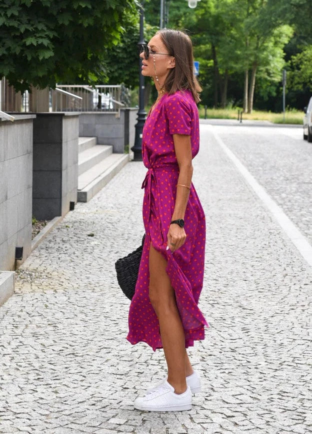 Lightweight Summer Midi Dress with V-Neck and Slit for Women