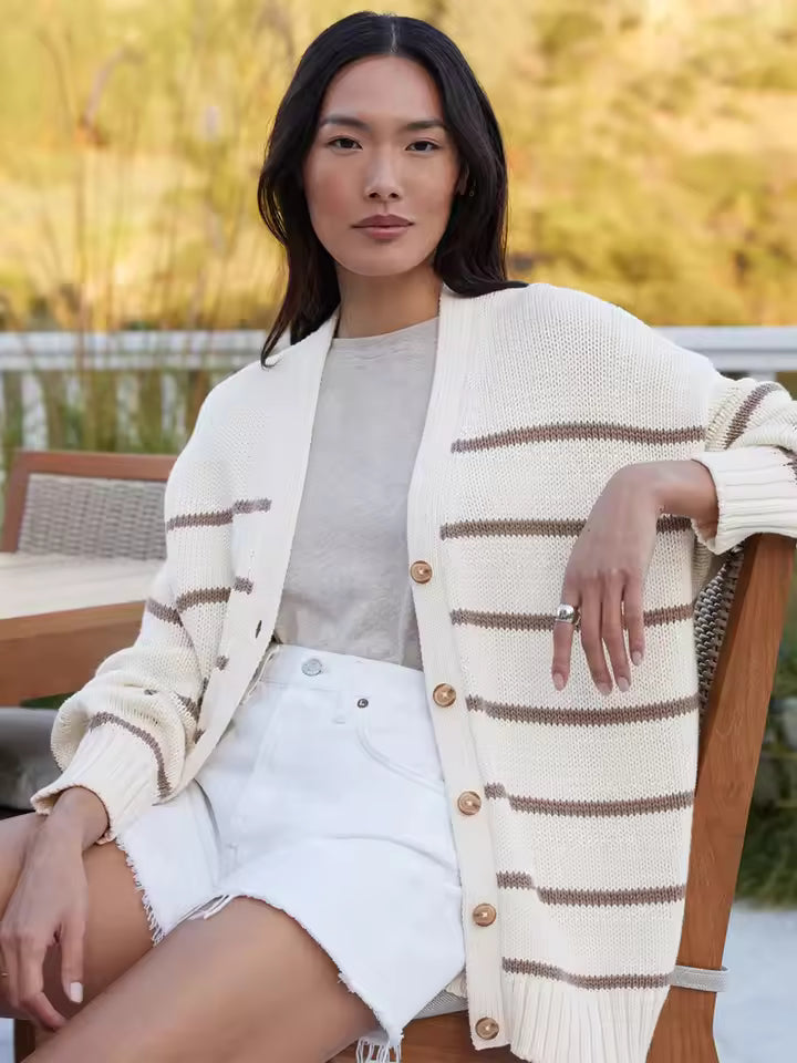 Trendy Oversized Women's Cardigan with Stripes and V-Neck