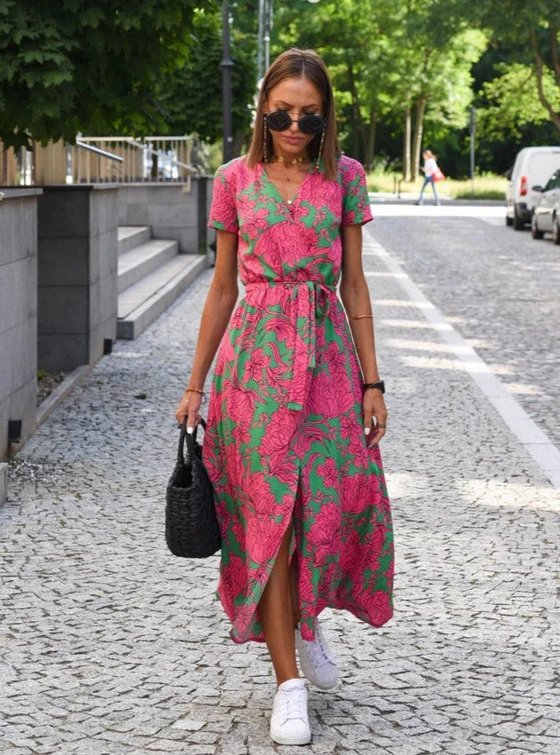 Lightweight Summer Midi Dress with V-Neck and Slit for Women
