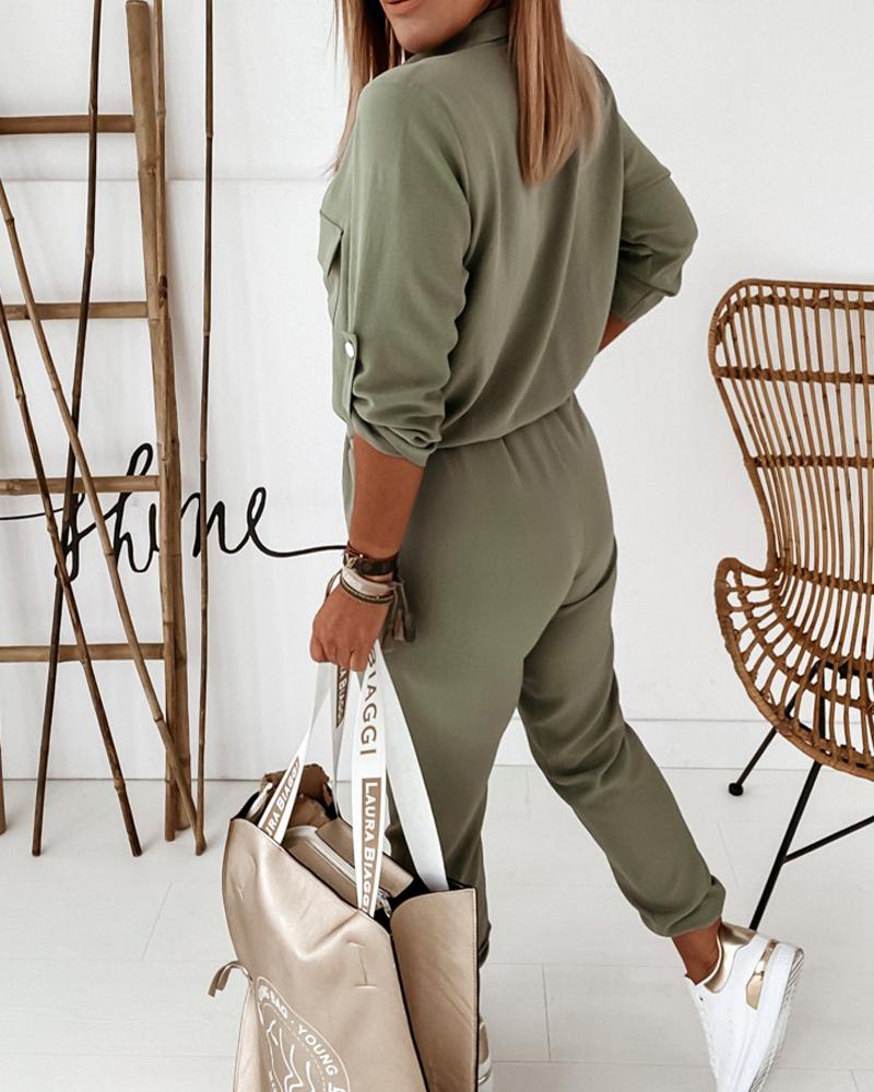 Trendy Green Women's Cargo Utility Jumpsuit with Long Sleeves