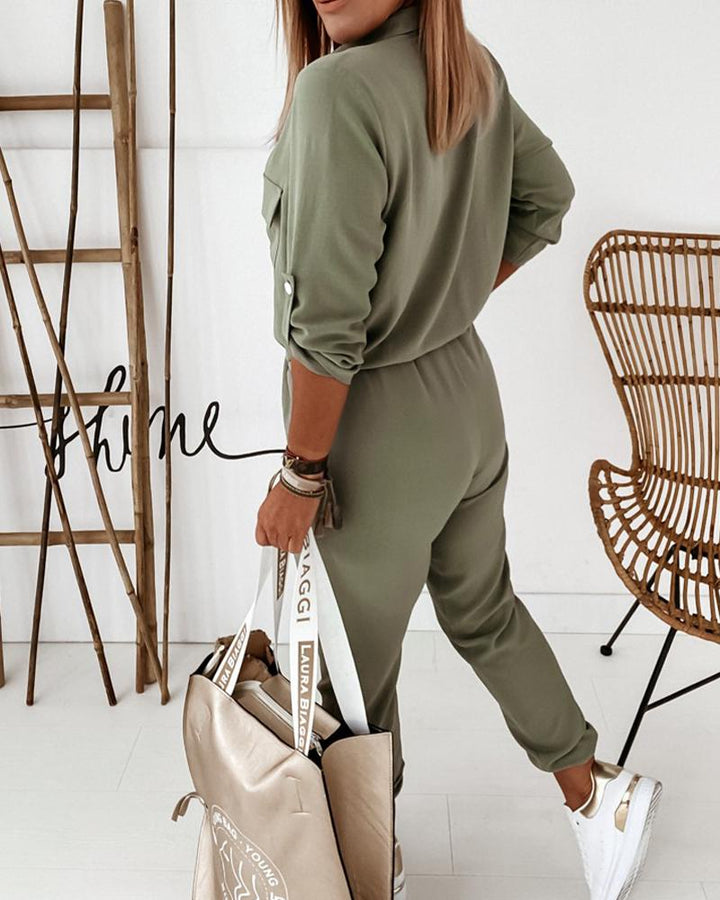 Trendy Green Women's Cargo Utility Jumpsuit with Long Sleeves