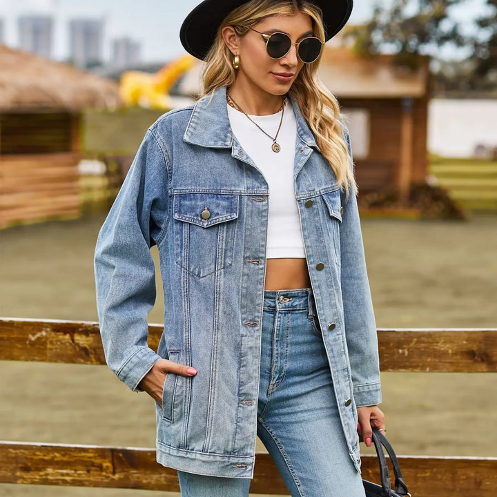 Oversized Denim Jacket for Women with Chest Pockets and Snap Button Closure