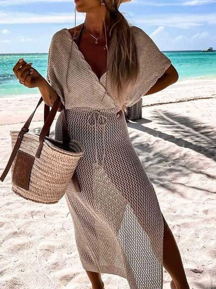 Summery Crocheted Women's Beach Dress with V Neck