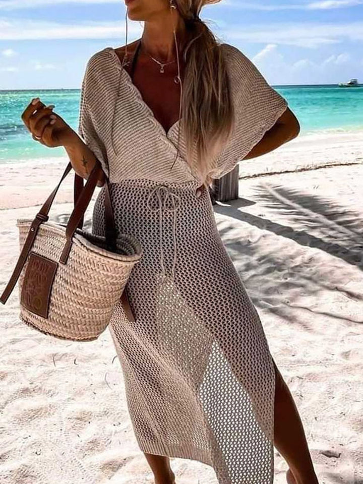 Summery Crocheted Women's Beach Dress with V Neck