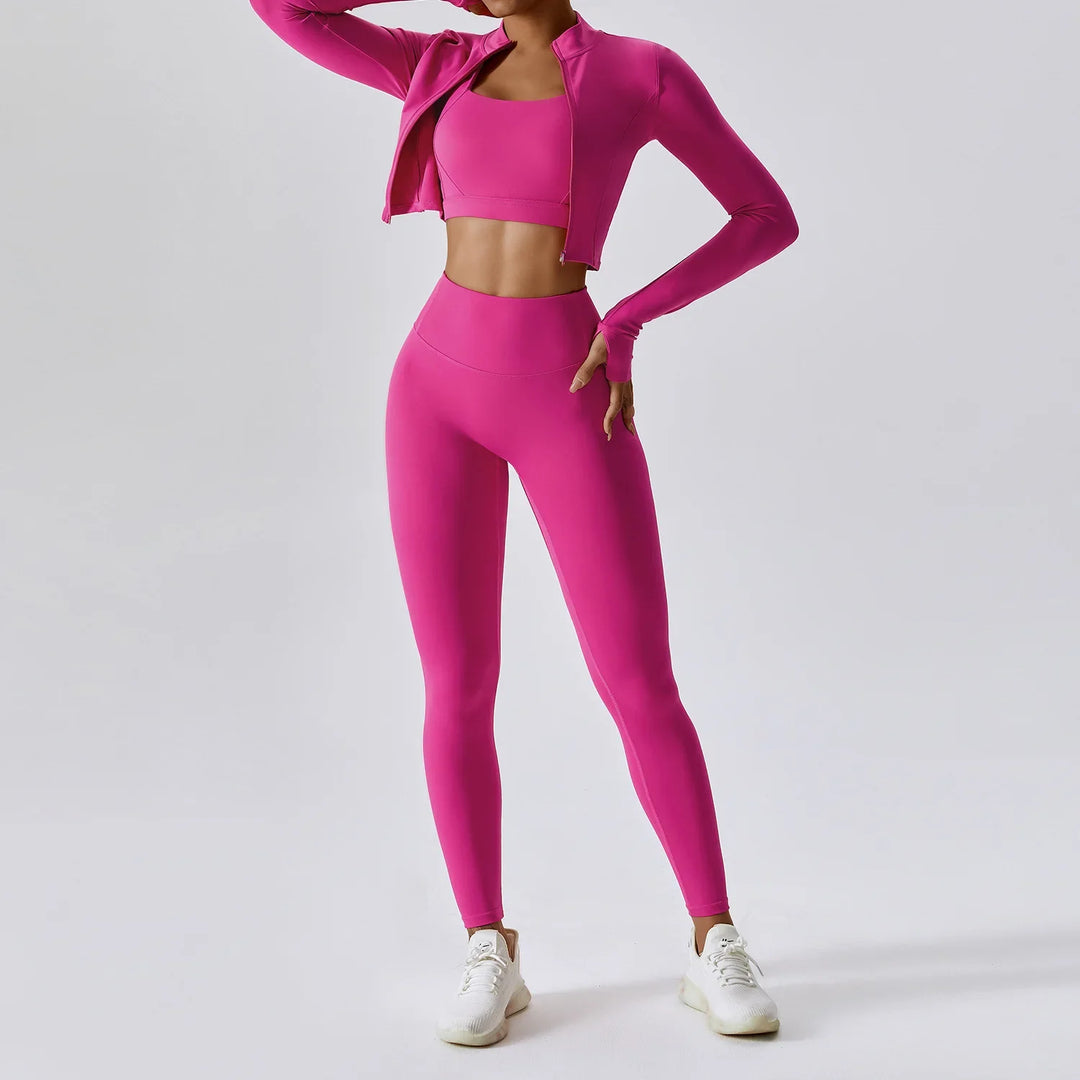 Fitness Tracksuit Women’s 3-Piece Sports Set with High Waist Leggings, Crop Top, and Jacket