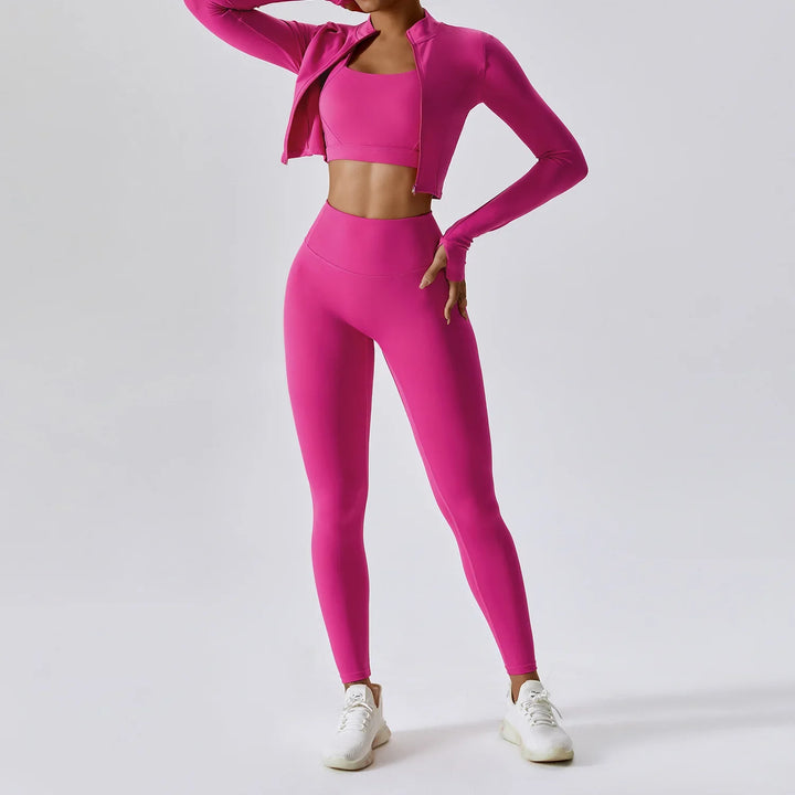 Fitness Tracksuit Women’s 3-Piece Sports Set with High Waist Leggings, Crop Top, and Jacket