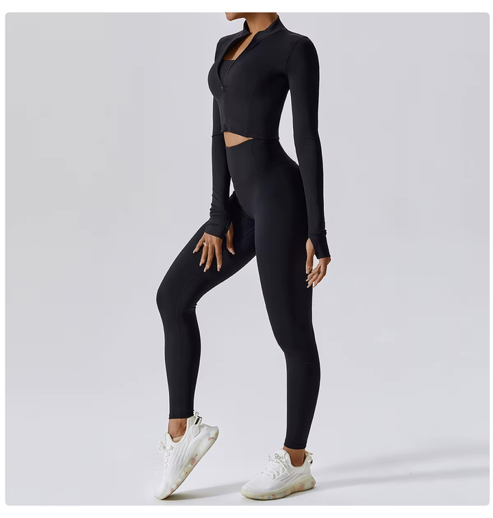 Fitness Tracksuit Women’s 3-Piece Sports Set with High Waist Leggings, Crop Top, and Jacket