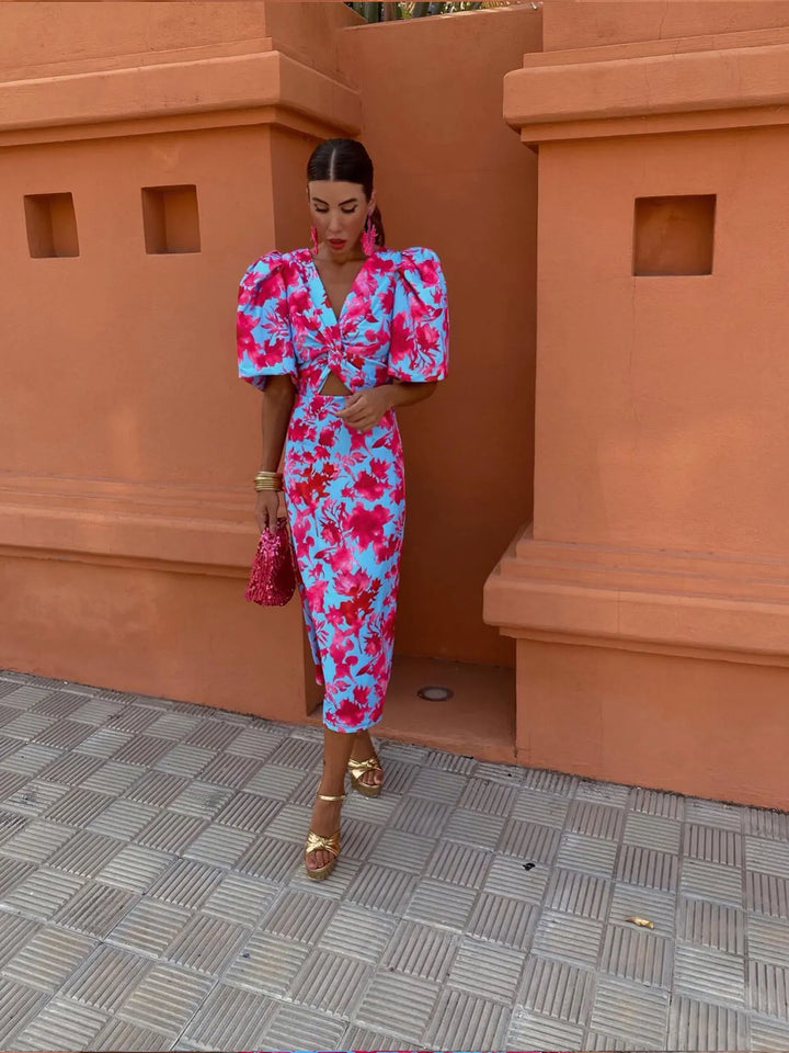 Festive Women's Midi Dress with Print and Puff Sleeves