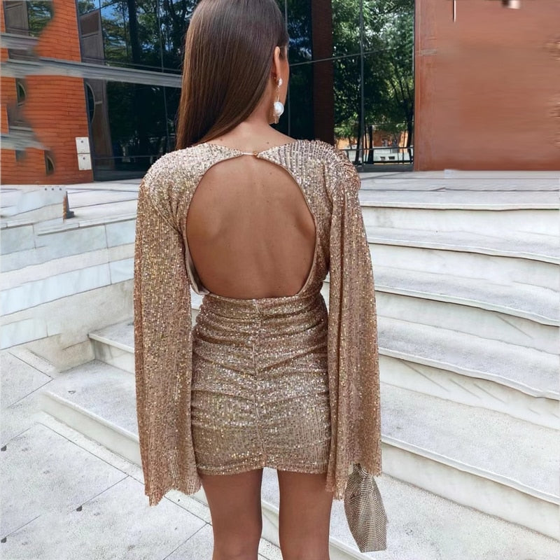 Sequin Women's Mini Dress with V-Neck and Elegant Split Sleeves