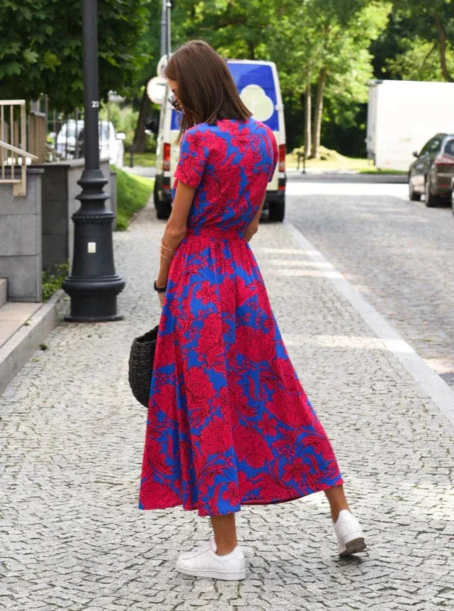 Lightweight Summer Midi Dress with V-Neck and Slit for Women