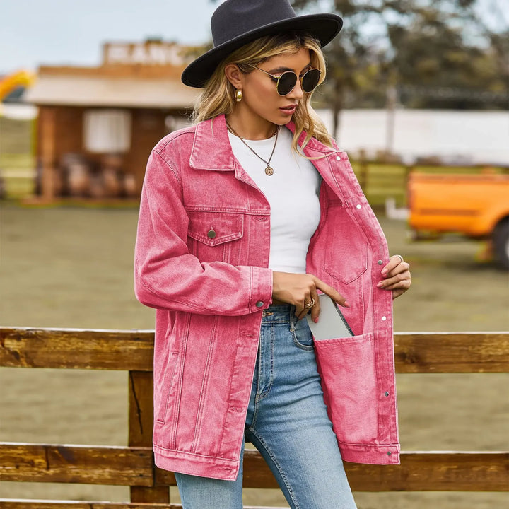 Oversized Denim Jacket for Women with Chest Pockets and Snap Button Closure