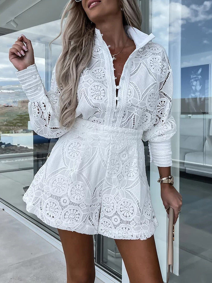 Co-ord Set Women's Lace Blouse Long Sleeves with High Waist Shorts Elegant