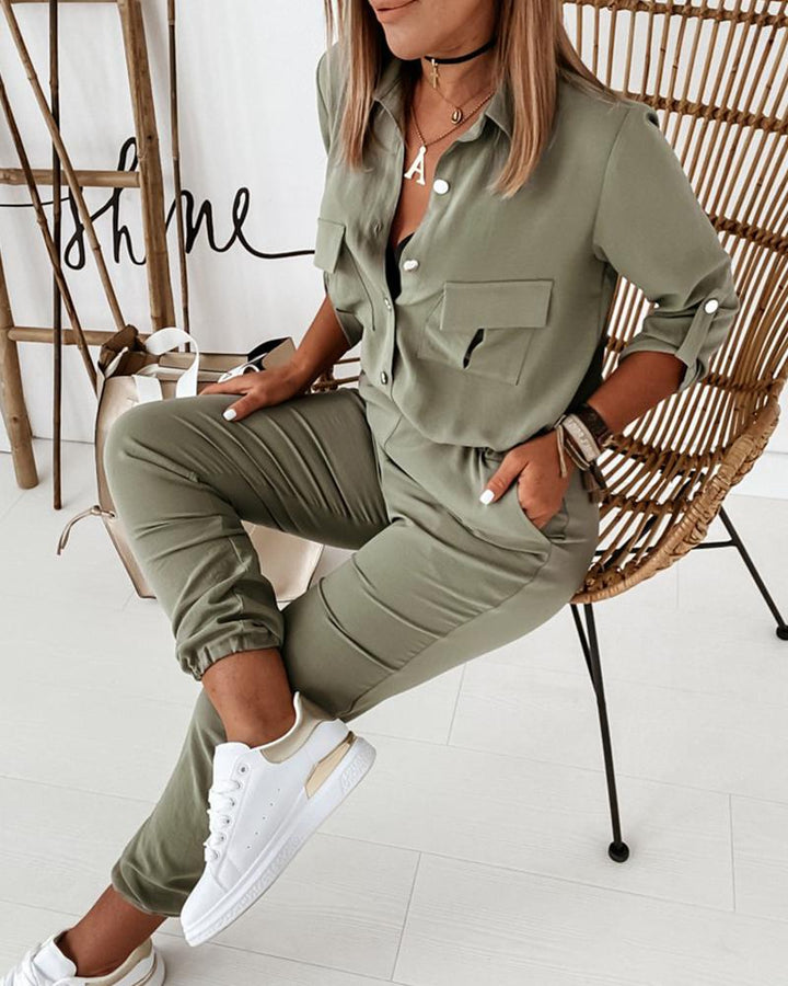 Trendy Green Women's Cargo Utility Jumpsuit with Long Sleeves
