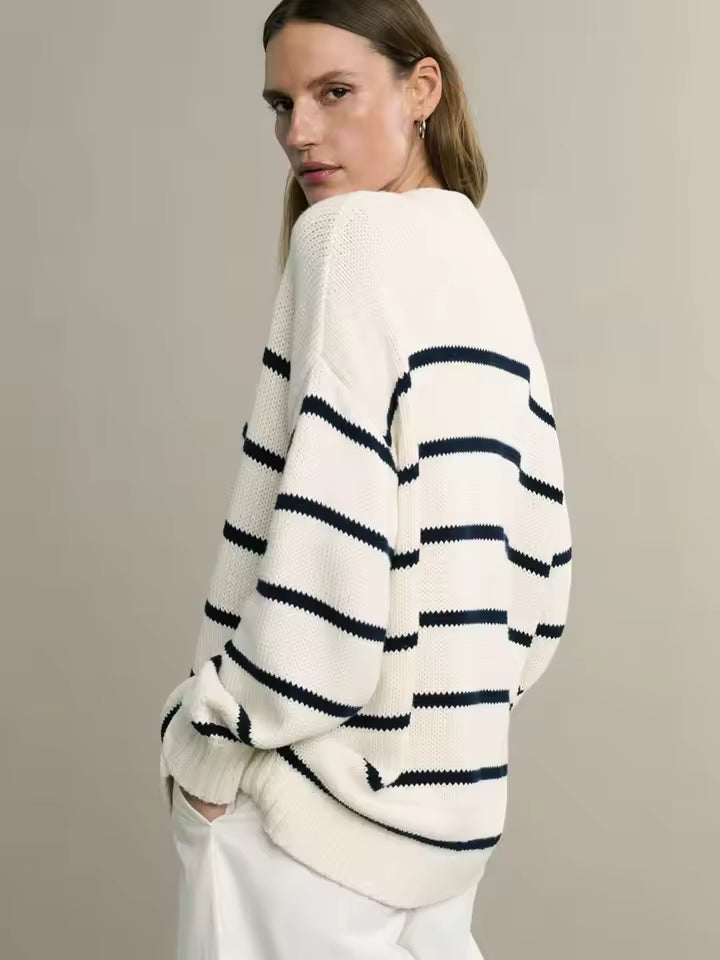 Trendy Oversized Women's Cardigan with Stripes and V-Neck