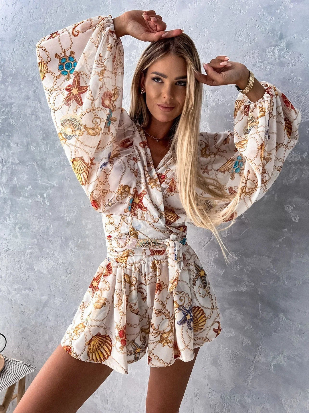 Trendy Playsuit with V Neck and Wide Sleeves for Women