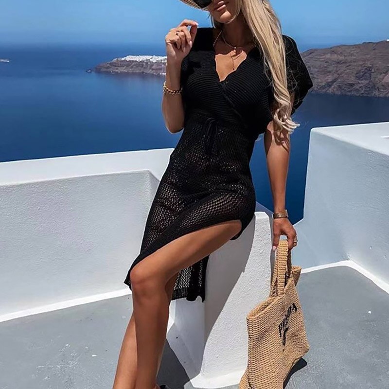 Summery Crocheted Women's Beach Dress with V Neck