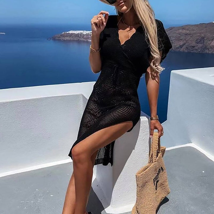 Summery Crocheted Women's Beach Dress with V Neck