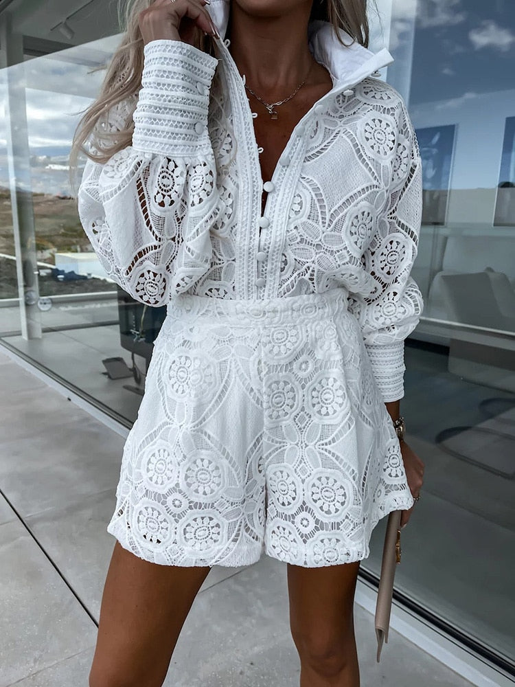 Co-ord Set Women's Lace Blouse Long Sleeves with High Waist Shorts Elegant