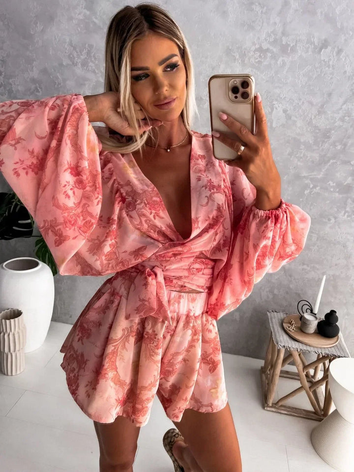 Trendy Playsuit with V Neck and Wide Sleeves for Women