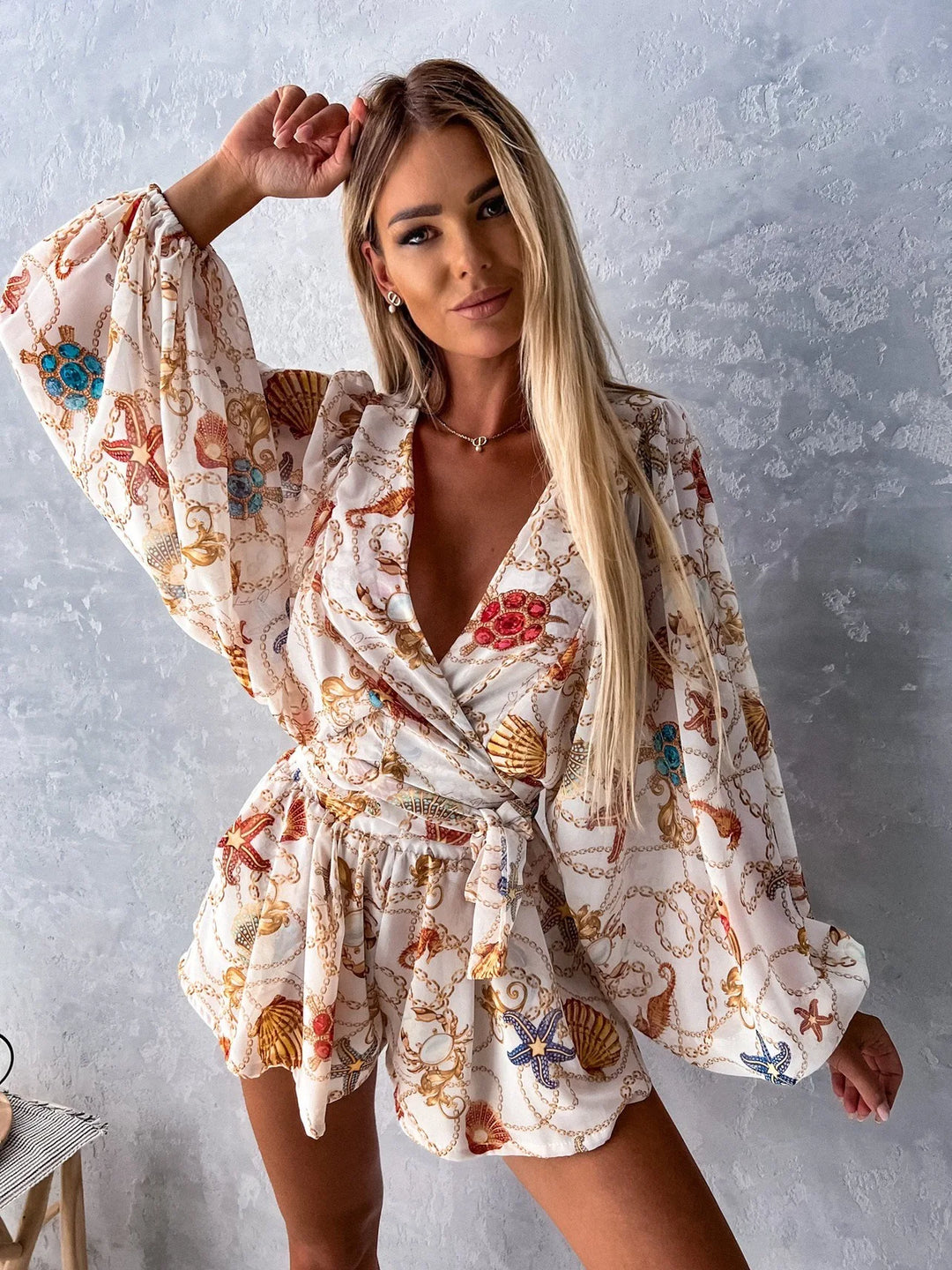 Trendy Playsuit with V Neck and Wide Sleeves for Women