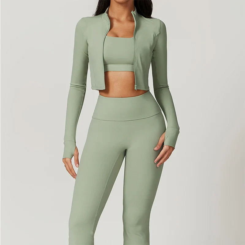 Fitness Tracksuit Women’s 3-Piece Sports Set with High Waist Leggings, Crop Top, and Jacket