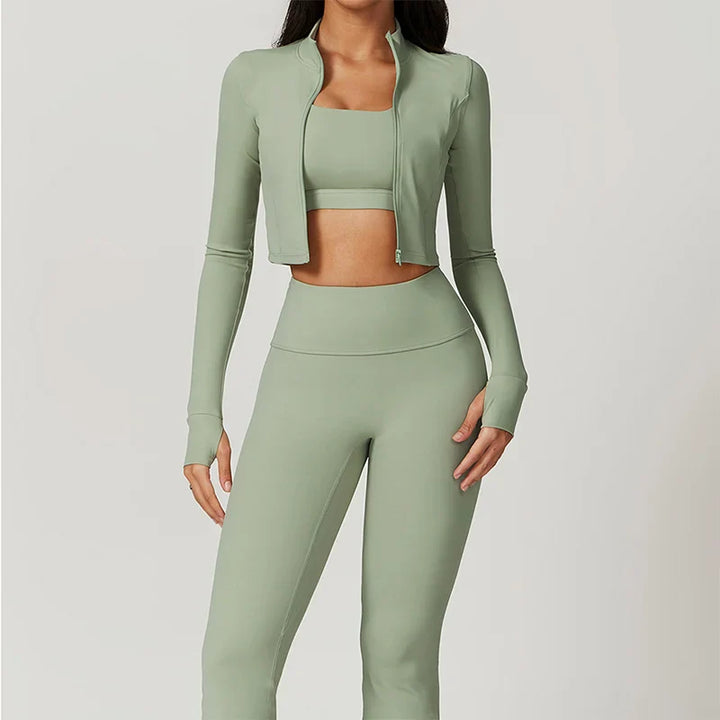 Fitness Tracksuit Women’s 3-Piece Sports Set with High Waist Leggings, Crop Top, and Jacket