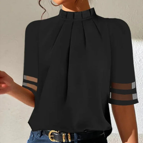 Black Women's Blouse With High Neck And Transparent Sleeve Details