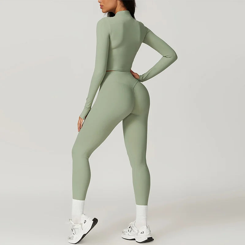 Fitness Tracksuit Women’s 3-Piece Sports Set with High Waist Leggings, Crop Top, and Jacket