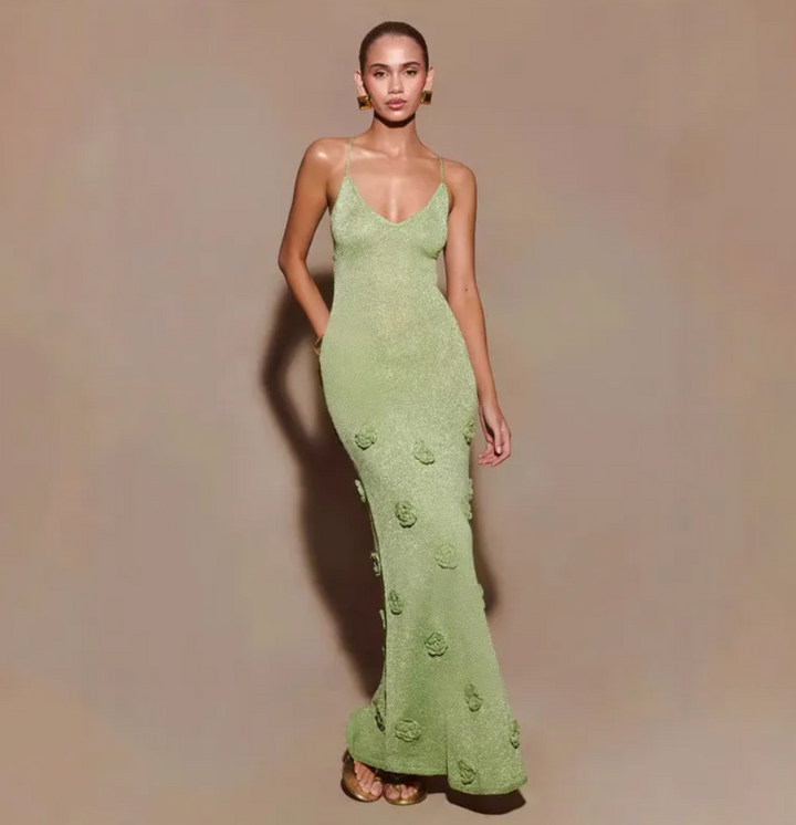 Gwin | Glitter Maxi Dress with Floral Details Gala Dress