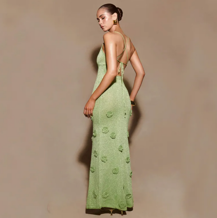 Gwin | Glitter Maxi Dress with Floral Details Gala Dress