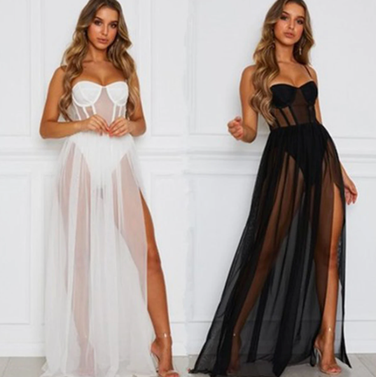 Elegant Mesh Gala Maxi Dress with High Slit for Women