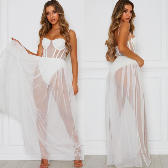 Elegant Mesh Gala Maxi Dress with High Slit for Women