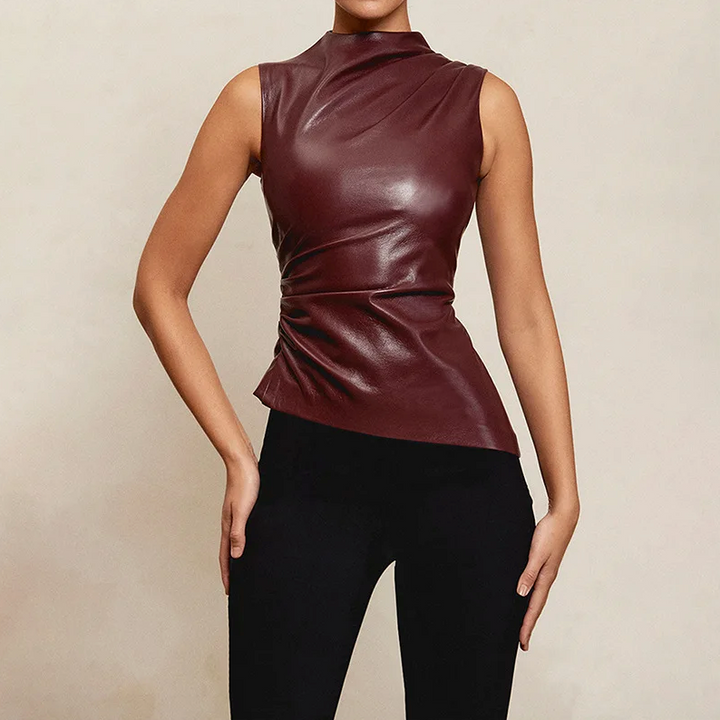 Stylish Women's Leather Top with Sleeveless Design and Draped Neckline