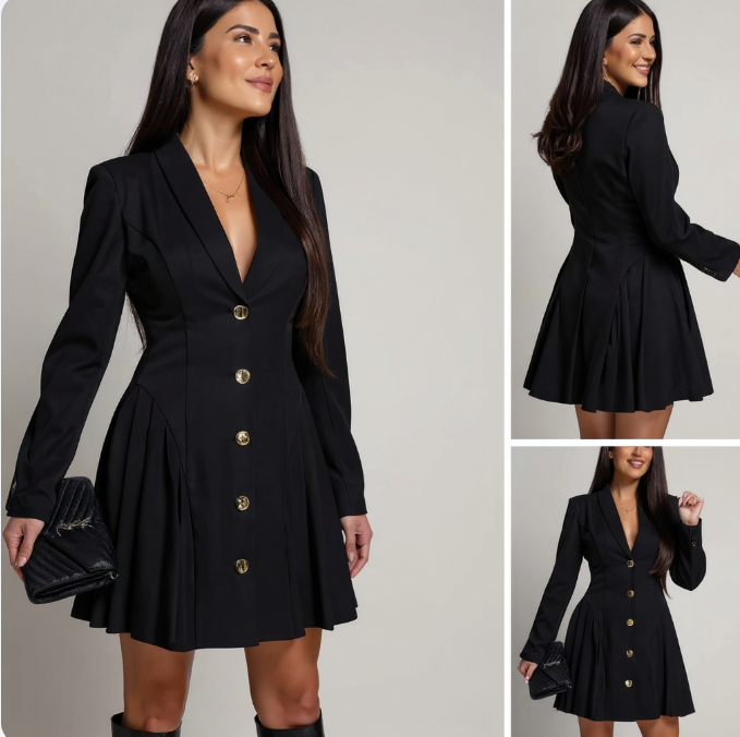Black Women's Blazer-Style Mini Dress with Buttons for Evening Wear