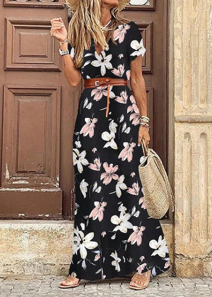 Summery Women's Bohemian Maxi Dress with Print and Short Sleeves