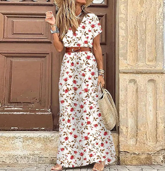 Summery Women's Bohemian Maxi Dress with Print and Short Sleeves