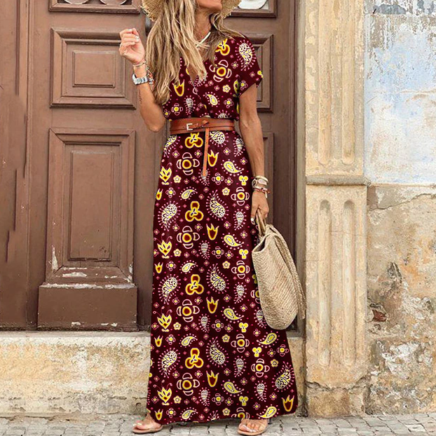 Summery Women's Bohemian Maxi Dress with Print and Short Sleeves